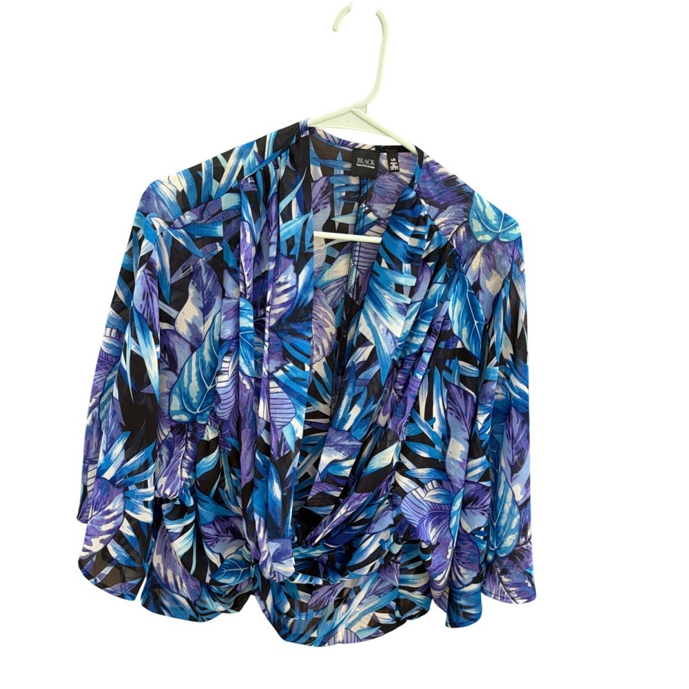 Black Saks Fifth Avenue‎ Blouse Twist Front Tropical Blue Purple Kimono Large